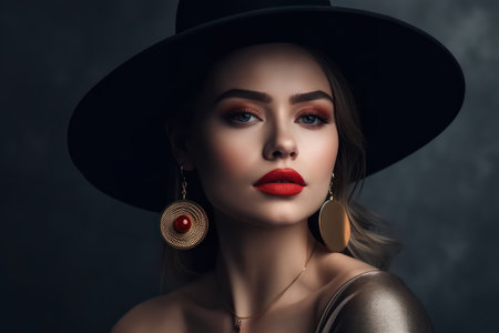 fashion woman in hat with red lips make up and golden earringの素材
