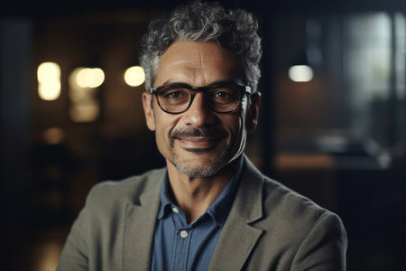 portrait of happy mature businessman wearing spectacles and looking at cameraの素材