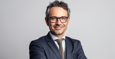 friendly businessman wearing glasses and a suit posing with folded arms smiling at the cameraの素材