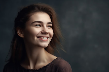 portrait of happy and beautiful smiling woman standing isolated on grey concrete backgroundの素材