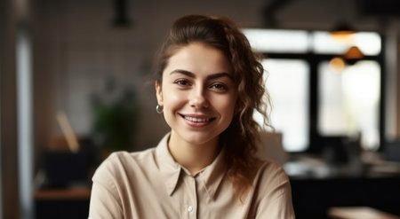 front view portrait of beautiful adult woman smiling at camera while working in office copy spaceの素材