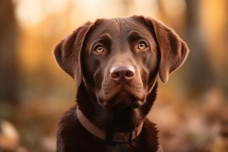 portrait of happy brown cute labrador retriever puppy with foliage bokeh background head shot of smの素材