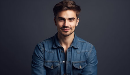 portrait of happy fashionable handsome man in jeans shirt crossing hands and look at cameraの素材