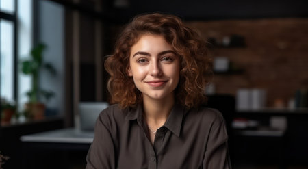 front view portrait of beautiful adult woman smiling at camera while working in officeの素材