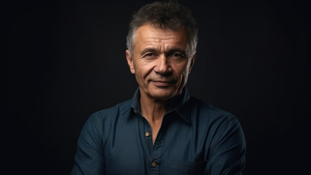 portrait of happy mature man with arms crossed standing in studio with dark backgroundの素材