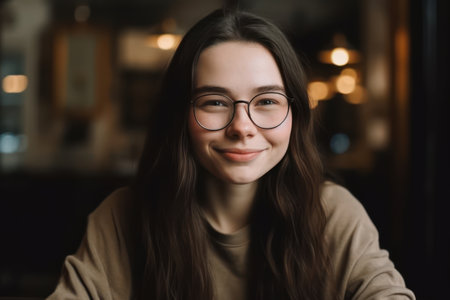 front view portrait of young adult caucasian, happy joyful woman with black long hair and eyeglassesの素材