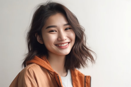 portrait of happy young asian woman smiling against white wallの素材