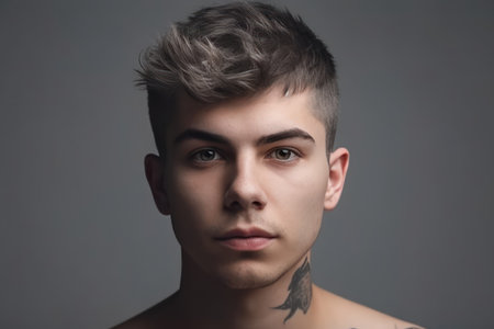 portrait of handsome young man with short hair clear skin posing with serious face over light greyの素材