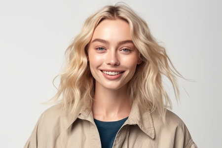 portrait of happy blond woman in casual clothes laughing and having fun smiling cheerful at cameraの素材