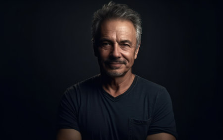 portrait of happy mature man with arms crossed standing in studio with dark backgroundの素材