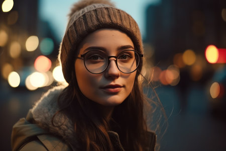 portrait of happy young woman wearing warm hat with eyeglasses on city street and looking at cameraの素材