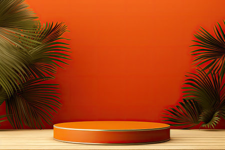 A contemporary product presentation featuring a simple design on an orange backdrop, including a podium casting a shadow of a tropical palm leaf. Ideal for showcasing products and illustrating business concepts.の素材