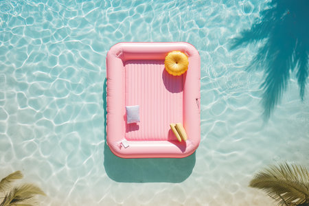 A backdrop of a summer beach vacation. An air mattress floating on the water of a swimming pool. A pink inflatable lilo and other summer items are placed around the pool. Seen from above with an empty area for adding text.の素材