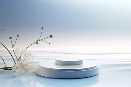 A calming and serene abstract nature scene in a light blue shade, featuring a translucent water surface with gentle waves and the faint reflection of plants. Completing the picture is a white cylindrical podium that serves as a platform for showcasing cosmetic products and simulated packaging designs. The setup is ideal for presentations or displaying mockups.の素材
