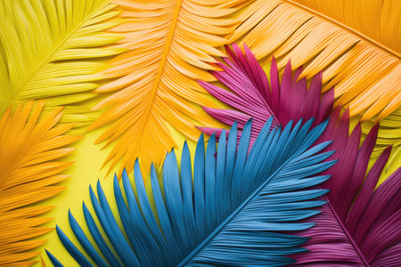 A bright and colorful tropical background featuring vibrant hand-painted palm leaves, creating a visually stunning setting. Embracing a minimalist fashion summer concept, the image is presented as a flat lay.の素材