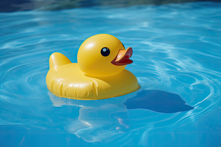 A blue pool water holds a yellow duckling-shaped inflatable float made of rubber.の素材
