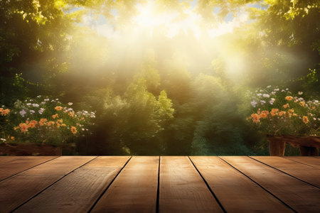 A backdrop of summer scenery featuring a stunning burst of sun rays and lens flare, creating a captivating visual effect. Ample room is available to insert your own text.の素材