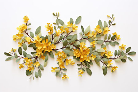 A design consisting of yellow flowers and eucalyptus leaves arranged in a pattern on a white backdrop. The arrangement is captured from a top-down perspective, with no obstructions in the view, leaving room for additional content.の素材