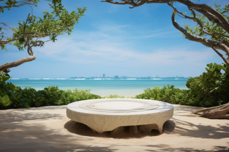 A circular, white podium is seen placed on the sandy ground, accompanied by a substantial tree branch adorned with lush, green tropical foliage. The backdrop showcases a vivid blue sky.の素材