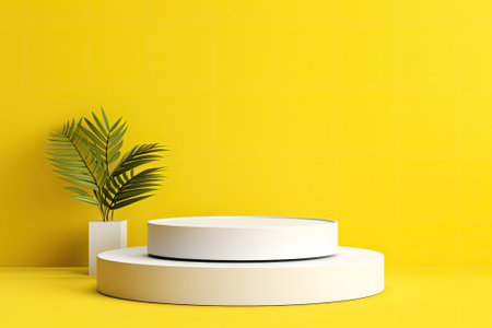 A bright yellow summer background with a simple design features a white podium shelf or empty display pedestal. The minimalistic style gives a clean and contemporary look. The stand is intended for showcasing a product, and the image is a 3D rendering.の素材