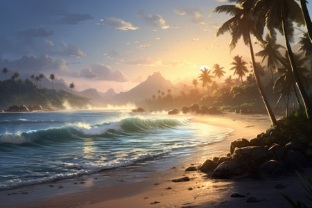 A beach with a hazy, ethereal atmosphere, featuring a sandy shore adorned with palm tree leaves and glistening waves.の素材