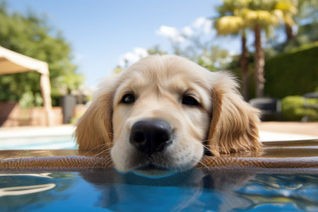 A humorous picture captures a relaxed young golden retriever Labrador puppy lying lazily by the side of a swimming pool. It showcases the enjoyment of training dogs, engaging in entertaining games, and participating in activities with a beloved family pet during summer getaways and weekends.の素材
