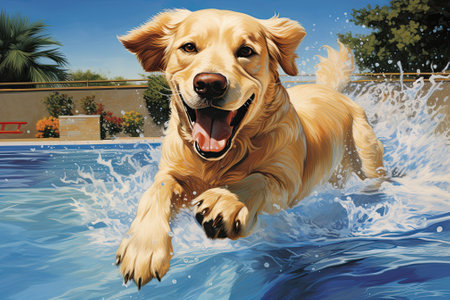 A comical image captures a golden labrador retriever puppy amusingly engaging in water activities, happily leaping and swimming in a pool. This playful scene highlights the enjoyable moments of training games and bonding with beloved family pets during a summer vacation, showcasing popular dog breeds.の素材