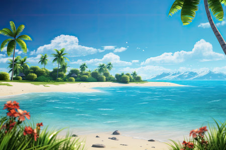 A peaceful beach setting with an exotic tropical landscape, perfect for using as a background or wallpaper. Represents the idea of a summer vacation holiday.の素材