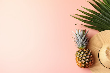 A composition for the summer season that includes tropical palm leaves, a hat, a pineapple, and a coconut placed on a pastel pink background. The concept depicts summer and is captured from a top view in a flat lay style, leaving space for additional content or text.の素材