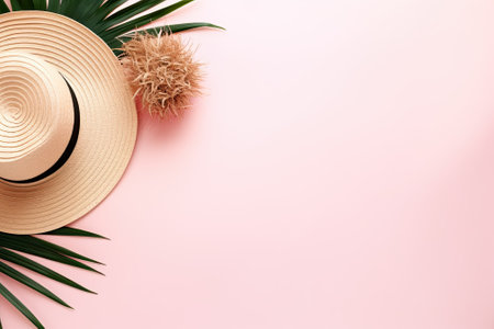 A composition for the summer season that includes tropical palm leaves, a hat, a pineapple, and a coconut placed on a pastel pink background. The concept depicts summer and is captured from a top view in a flat lay style, leaving space for additional content or text.の素材
