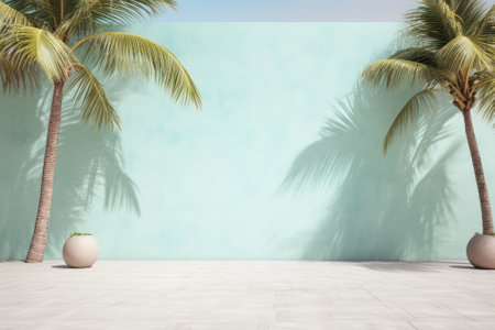 A background with a textured cement wall in a shade of mint blue, adorned with the shadow of a leafy plant. It represents a tropical beach setting during summer, showcasing a minimalistic concept. The layout features pastel-colored palm trees, evoking a sense of nature.の素材