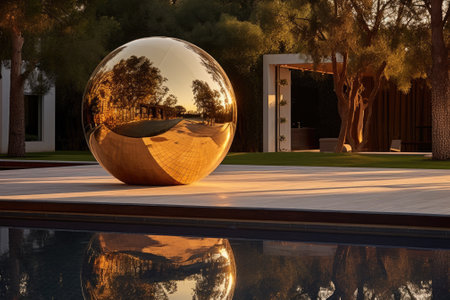A sparkling mirror-like sphere positioned at the periphery of a pool to enhance the ambiance of a party.の素材