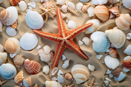 A scene with seashells and starfish scattered across sandy shore, conveying the idea of exploration and leisurely escapades.の素材