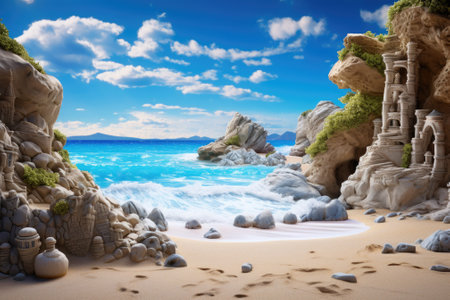 A picturesque stage made of rocks and stones is set in a natural environment, surrounded by a sandy beach and the tranquil sea. The landscape is complemented by a stunning blue sky as the background, which is expertly edited and organized to showcase various tourism products in an appealing montage.の素材
