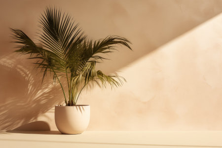 A simple backdrop for product placement featuring a shadow of a palm tree on a beige plaster wall. The aesthetic is a luxurious summer architecture interior, with a bohemian vibe, perfect for showcasing products on a platform stage.の素材