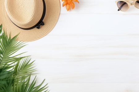 A summer travel vacation was represented in a flat lay, with an arrangement of items on a white wooden background. There was room for text, with a passport, plane, hat, phone with an empty screen, sunglasses, and shells carefully placed. The phrase hello summer and the desire for travel and adventure, known as wanderlust, was conveyed.の素材