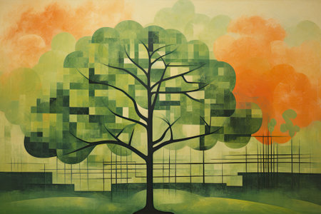 A garden or park in summer with an abstract, hazy green tree, set against an orange sunlight-filled backdrop.の素材