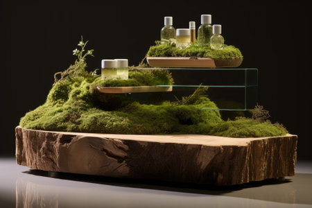 An elevated platform made of wooden slices featuring lush green leaves with a backdrop of vibrant green moss. This high-quality setup is ideal for promoting products related to beauty, natural eco cosmetics. It serves as a showcase or display case to highlight the featured items.の素材