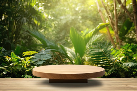 A wooden table with a counter surface is placed on a floor podium in a natural outdoor setting, surrounded by a lush, tropical forest garden. The background consists of a blurred green jungle with various plants. The table is used for displaying natural products and is elevated on a stand, resembling a pedestal. This concept captures the essence of spring or summer.の素材