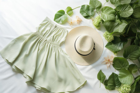 A summer-themed composition featuring tropical leaves, a dress, and a hat placed on a white background. Capturing the essence of summer, with a flatlay perspective from the top, allowing ample space for content.の素材