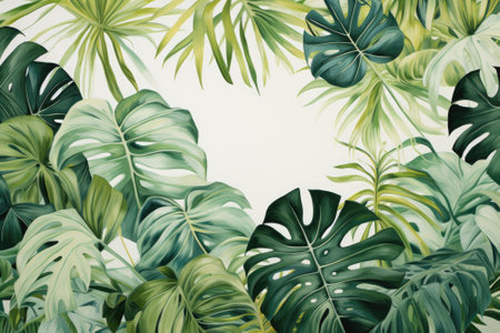 A white canvas is adorned with tropical leaves arranged in a specific design, allowing for some empty space.の素材