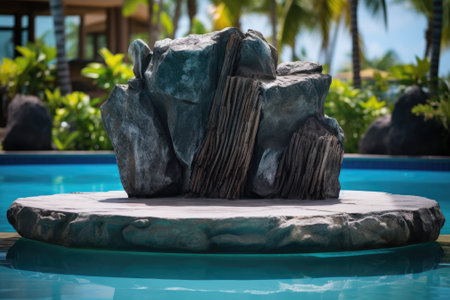 A stone podium is placed in a luxurious blue pool water, creating a summer background with a tropical design. This serves as a display for product placement and adds to the hotel resort poolside backdrop.の素材