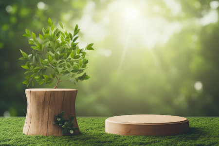The image depicts a wooden podium placed on a patch of grass with a tree branch holding a fresh green leaf in the background. The scene embodies an organic, healthy, and natural product presentation. It is intended to promote and showcase through a design concept that represents a spring banner.の素材