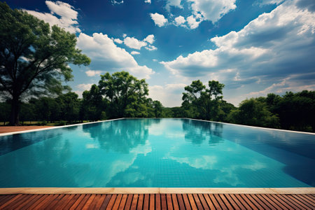 Gorgeous outdoor swimming pool with no one around, basking under the sun on a bright day.の素材