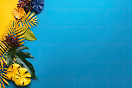 Border arrangement featuring a minimal summer exotic concept, with a creative layout consisting of colorful tropical leaves placed on a vibrant yellow and blue backdrop. The design offers ample copy space.の素材