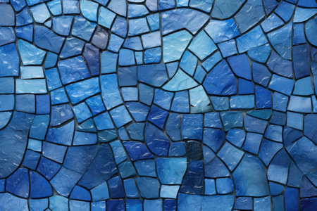An abstract design featuring a textured background of blue mosaic tiles made of ceramic material.の素材