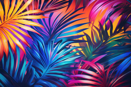 Artwork featuring vibrant and bold gradient holographic colors showcasing tropical and palm leaves with a minimal surrealistic approach.の素材