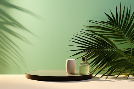 Simple background design for showcasing a cosmetic product. Elevated platform with the silhouette of lush palm leaves creating a shadow on a soft green backdrop and neutral table.の素材