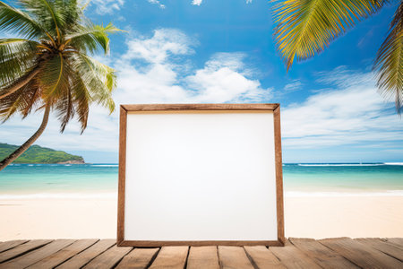 Creative advertising concept for summer vacation and travel: A frame design featuring a stunning tropical beach and sea background with a sandy palm tree. Ample copy space gives room for captivating messages.の素材