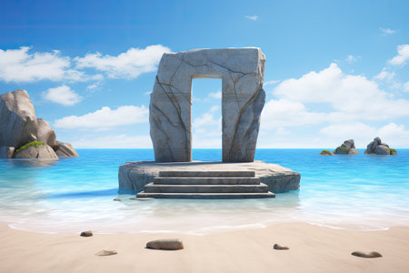 The background of the scene showcases a summery beach with sand and a tropical sea, complemented by an abstract stone podium.の素材